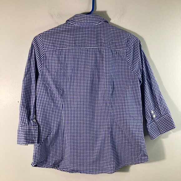 Womens Kim Rogers Gingham Button Shirt Blue White M 1/2 Sleeve Stretch - Picture 2 of 9